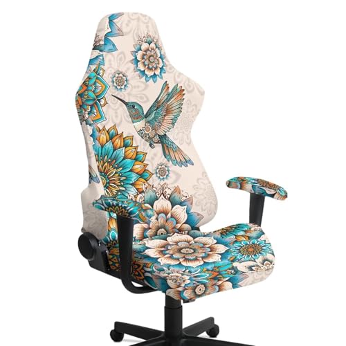 Fiqyvagox Juego de 4 fundas elásticas para sillas de videojuegos con diseño de colibrí y flores bohemias, color azul y beige
