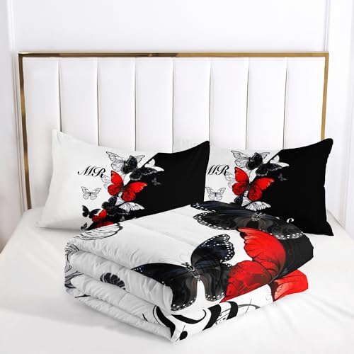 Image of AILONEN Mr Mrs Black and White Comforter Set Queen Size, Red and Black Butterfly Bedding Set Gifts,Soft Lightweight Microfiber Duvet Set 3 Piece All Season,1 Comforter with 2 Pillowcases