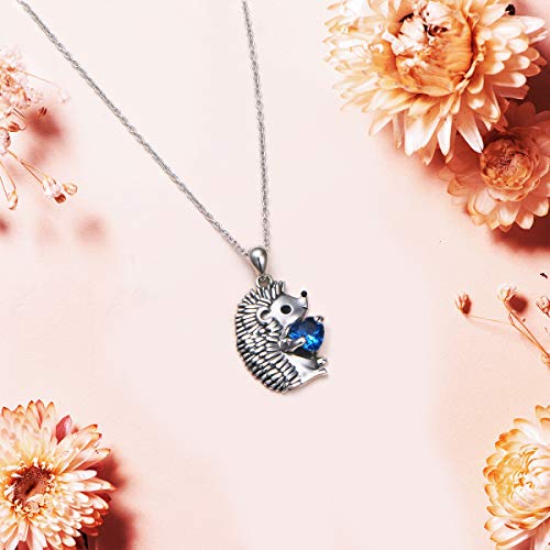 Flyow 925 Sterling Silver Cute Animal Hedgehog Hold Heart Cz Pendant Necklace Birthday Gift For Women Girls Daughter,18 Inch #TOP2
