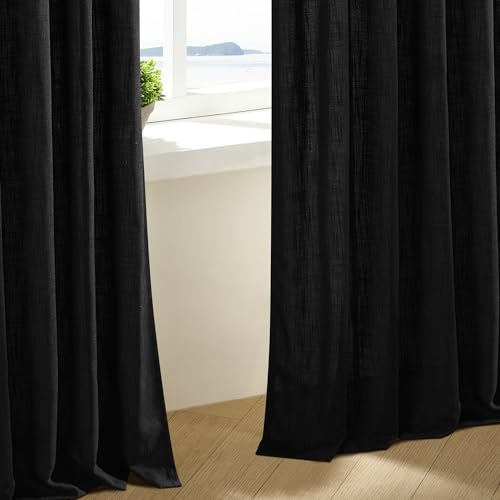 Image of 120 Inch Curtains High Ceiling Tall Curtains 2 Panels Set for Living Room Pinch Pleated with Hooks Rings Back Tab Bohemian Semi Sheer Drapes Cottage Long Large Window Drapes 120 Length Black
