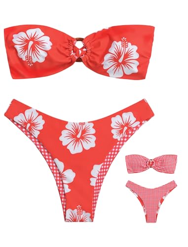 Image of ZAFUL Women's Bandeau Bikini O Ring Strapless Tie Back High Cut Two Piece Swimsuit Bathing Suits
