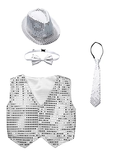 Foto von CHICTRY Jazz Dance Kostüm Kinder Junge Mädchen Pailletten Weste + Fedora Hut + Fliege + Krawatte Hip Hop Street Dance Kleidung Outfit A_Silber 158-164