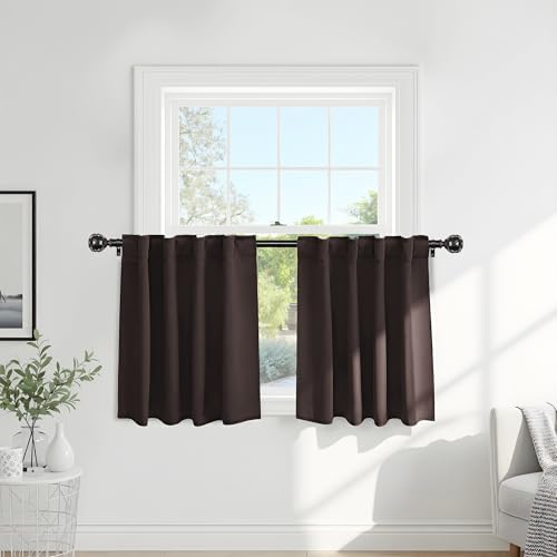 Pony Dance Short Curtains for Bathroom Window, Small Half Drapes for Kitchen Windows, Energy Saving Curtain Tiers for Basement, Wide 29 x Long 24 inches per Panel, Brown, Set of 2