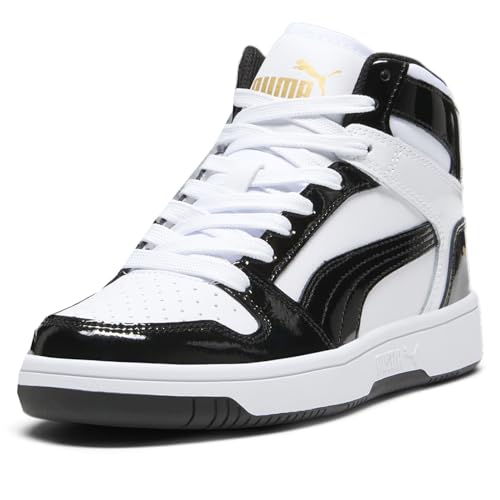 Image of PUMA Womens Rebound Layup Mid Shoes, Puma White /Puma Black /Puma Team Gold 8 Medium