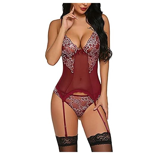 KOEMCY Lencería Mujer Sexy Body de Encaje Lenceria Cuello V Conjunto de Lencería Babydoll Lencería Encaje Transparente Body Lencería Ropa Interior con Tanga y Liguero (Rojo, M)
