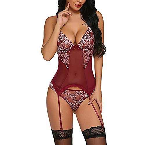 KOEMCY Lingerie Sexy Mujer Eróticos Body Encaje Transparente Lenceria Hot Teddy Ropa Interior Conjunto Picardias con Ligueros Elegante Babydoll Camisón Seductor