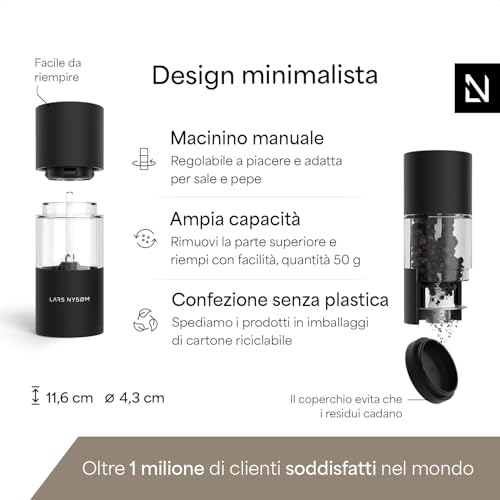 LARS NYSØM Set di macine per sale e pepe in acciaio inossidabile con macinino in ceramica regolabile 2 pezzi I Designer Spice Mill Set (Carbon Black) - immagine 5