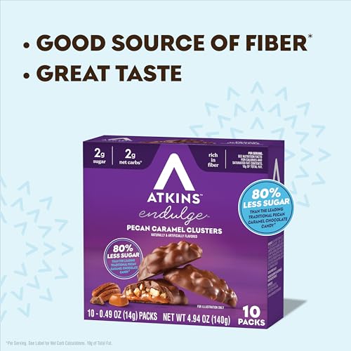 Image of Atkins Pecan Caramel Clusters, Dessert Favorite, High in Fiber, Low Carb, 2g Sugar, 60 Count