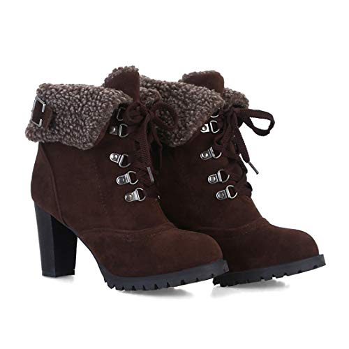 VOKLIN Women's Winter Fur Ankle Boots Lace Up Round Toe Chunky Block High Heel Warm Cuff Dressy Short Booties2