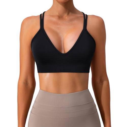 Image of Sports Bra for Women V-Neck Strappy Criss Cross Yoga Bra Padded Medium Support Workout Gym Athletic Fitness Bras 3 Pack