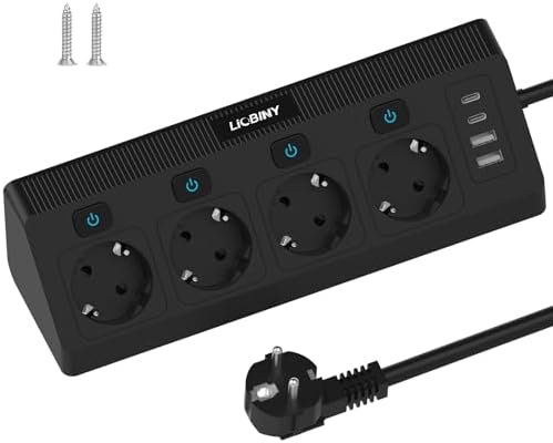 8 in 1 Ecksteckdose Einzeln Schaltbar mit 4 USB, Steckdosenleiste 2M Kabel | Schwarz Einzeln Schaltbar 3680W 16A 4 Fach MehrfachsteckdoseÜberspannungsschutz Steckerleiste Wandmonta