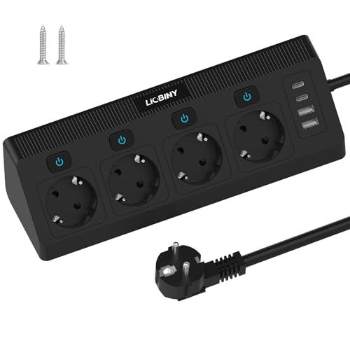 Steckdosenleiste mit 2 USB C und 2 USB A, 4 Fach Ecksteckdose Einzeln Schaltbar Mehrfachsteckdose Überspannungsschutz 3680W Mehrfachstecker Wandmontage, Steckerleiste 2M Kabel Schwarz für Küche Büro 1