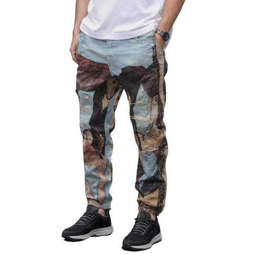 Men's Designer Straight Slim Fit Stretch Patchwork Jeans Comfort Skinny Biker Denim Pants