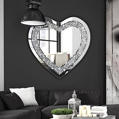 DMDFIRST Crystal Crush Diamond Heart Shaped Silver Mirror for Wall Decoration 24x24x1 inch Wall Hang Frameless Mirror Acrylic Diamond Décor.