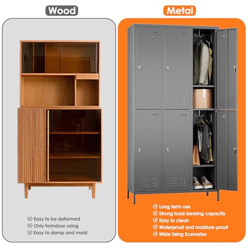 Image of SUPEER 6 Door Metal Storage Locker for Employees, Heavy Duty Steel School Locker with Adjustable Shelves and 18 Hooks,Metal Lockers for Office, Gym, Home Garage, 72 inch H x 35.4 inch W x 15.75 inch D,Dark Grey