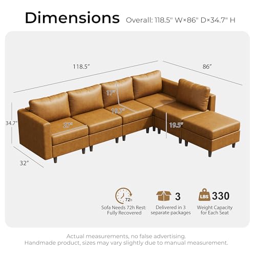 Image of ABCASA Faux Leather Sectional, Modular Sectional Sofa with Storage Seats, 6 Seat Faux Leather Modular L Shaped Couches with Movable Ottoman for Living Room,Brown