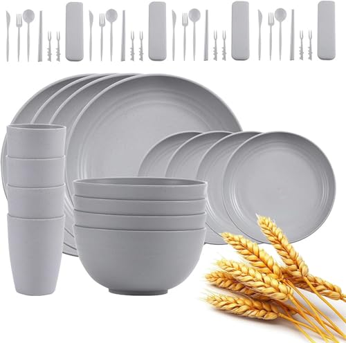 Opiniones de Vajilla de microondas para comprar hoy. 48 Juego de Vajilla de 44 Piezas, Juego de Vajilla de paja de Trigo, Cubiertos Reutilizables Irrompible de Fibra para 4 Personas, Sin BPA, Apto para Lavavajillas y Microondasas (gris...