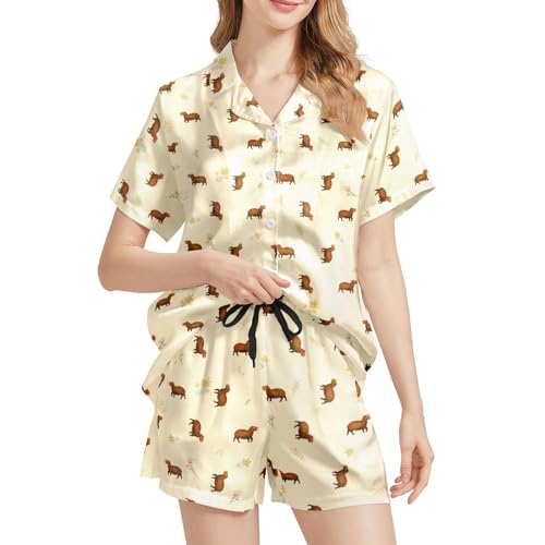 Image of Funny Satin Pajamas Set for Women Button Down Sleepwear Print Pjs Set 2 Piece Short Sleeve Loungewear Gift for Women