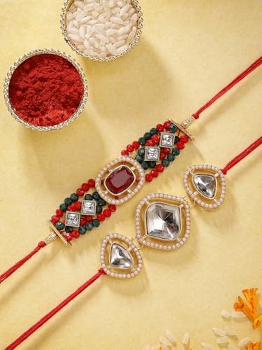 Image of Sukkhi Rakhi Excellent Kundan & Pearls Designer Gold Plated Premium Rakhi for Brother With Roli Chawal & Greeting Card | Kundan Rakhi Combo-Set of 2