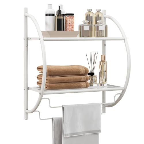 COSTWAY Etagère Murale de Salle de Bain,Meuble de Rangement en Métal Chromé INOX avec 2 Tablettes de Conception Creuse et 2 Porte-Serviettes pour...