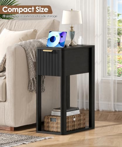 Image of Akxomel Narrow Nightstand Set 2 with Charging Station Fluted Table Black