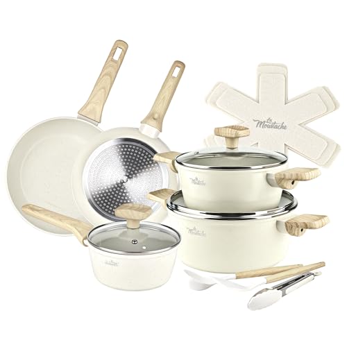 La Moustache - Topfsets Pfannenset【14 Teilig】Antihaft-Aluminium + Spatel, Schöpflöffel, Zange...