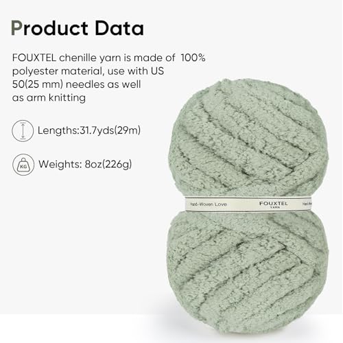 Image of 8 Jumbo Packs Chunky Chenille Yarn for Crocheting, 31.7 yds, 8 oz Each Skein Bulky Thick Fluffy Yarn for Knitting, Super Bulky Chunky Yarn for Hand Knitting Blanket, Soft Plush Yarn - Sage Green