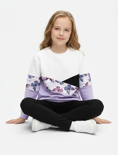 Image of PATPAT Girls 2 Piece Outfits Size 12-13 Years, Purple Butterfly Color Block Sweatshirts and Leggings Clothing Sets Sweatsuit Fall Outfits Joggers Lounge Set Tracksuit Preppy Clothes for Girls