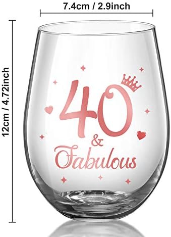 Stemless Wine Glass Rose Gold Birthday Wine Glass Present Anniversary Glasses for Man Women Birthday Party Wedding Anniversary Decorations, 17 oz (40 and Fabulous)