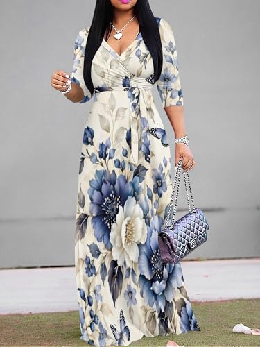 Image of Women Plus Size Long Sleeve V Neck Maxi Dress with Belt | Soft fabric relaxed fit three quarter sleeve v neck with pockets for party and daily wear