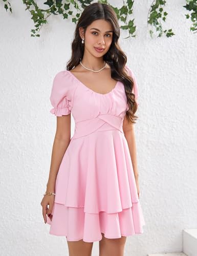 Women‘s Summer Lantern Sleeve A-Line Casual Mini Dresses Double-Layer Sleeves V-Neck Dress Pink XL — view 2