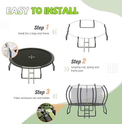 YUMPIE 8FT 10FT 12FT 14FT 15FT 16FT Outdoor Trampoline with Enclosure Net and Ladder, Recreational Trampolines for Kids and Adults, Quick Connect Frame, ASTM Approval - 2