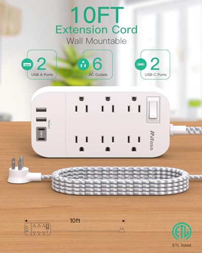 Image of Extension Cord, Surge Protector with 6 Outlets and 4 USB Ports (2 USB C), Flat Plug Overload Protection, Extension Cord 10+ ft, Wall Mount for Home (11 Ft)