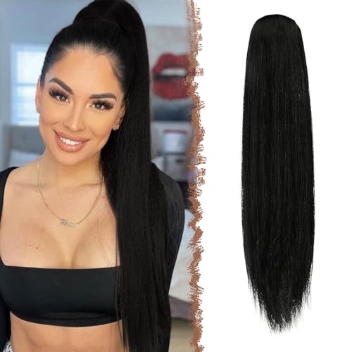 FESHFEN Pferdeschwanz Extensions mit Kordelzug Lang Gerade Zopf Haarteil Glatt Haarverlängerungen Synthetik Drawstring Ponytail Extension für Damen 70 cm Natürliches Schwarz