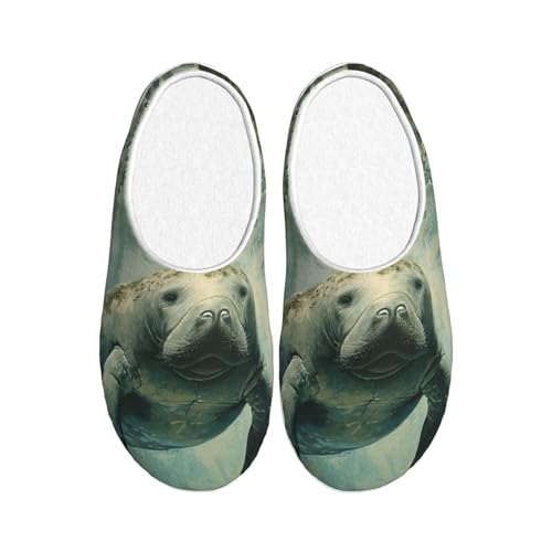 Jkkghll Pantuflas de franela acogedoras con estampado de animales de manatí, cálidas, antibolitas, suela de TPR para interiores y exteriores, elegante uso diario