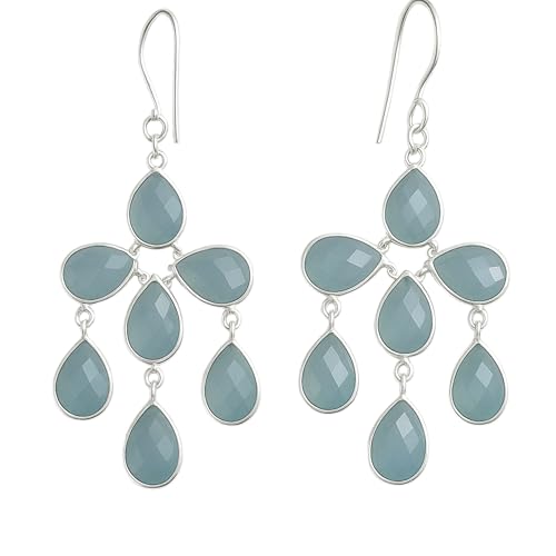 Boucles d'oreilles calcédoine aqua et argent sterling en cascade pour femme