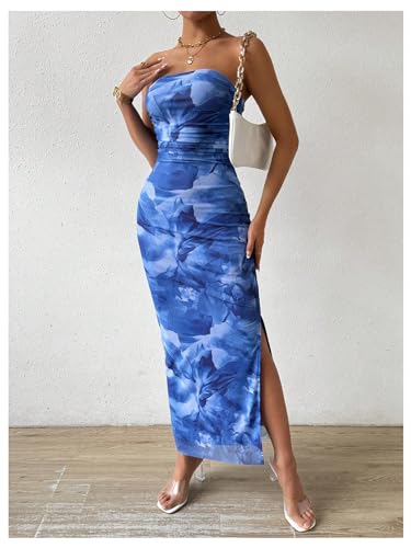 Image of GORGLITTER Women's Floral Strapless Bodycon Wedding Guest Dress Vacation Summer Birthday Tropical Maxi Long Sun Dresses