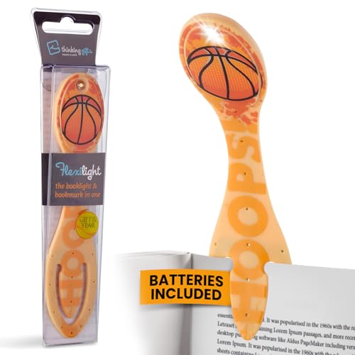Image of Gifts for Readers & Writers Book Light, Clip On Reading Light for Bed, 2in1 Flexilight & Bookmark, Small & Lightweight with a Soft Glow, 2 Batteries Included, Basketball