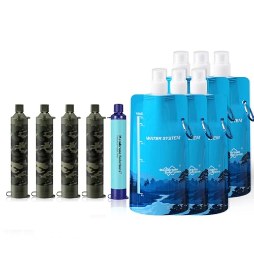 Membrane Solutions Squeezable Water Filtration System, Survival Water Purifier Kit, Portable Backpacking Gear Including Water Filter Straw and 23oz Collapsible Bottle for Hiking Camping Travel(5+6)