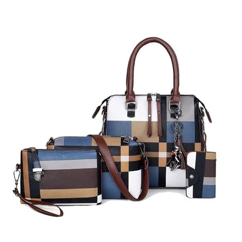 JZ - Bolso tote para mujer, set de 4 piezas, bolso de hombro, bolso bandolera y bolso satchel con estampado a cuadros y cremallera miniatura 1