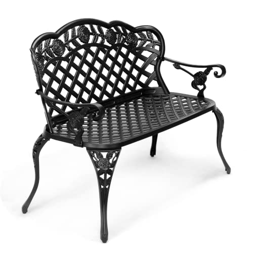 Image of VINGLI 42.5 inch Outdoor Bench, Antique Cast Aluminum Front Porch Bench Metal Garden Benches Cast Iron Benches 2 People Seating (Black)
