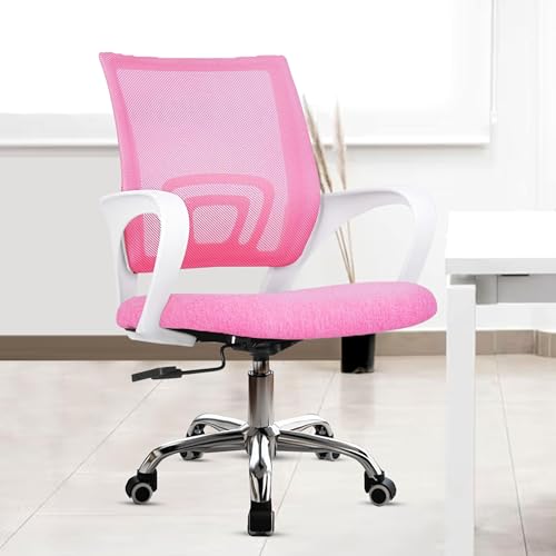 Image of Casa Copenhagen Mesh Mid Back Office /Study /Computer /Revolving /Desk Chair for Work from Home -Metal Base, Height Adjustable Seat - Pink & White Handle