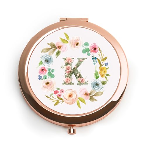 QUSTGO Personalized Gift for Women Girls Her, Custom Gifts for Adult Teen, Floral Monogram Alphabet Initial Compact Mirror for Birthday, Graduation, Mothers Day, Basket Stuffers