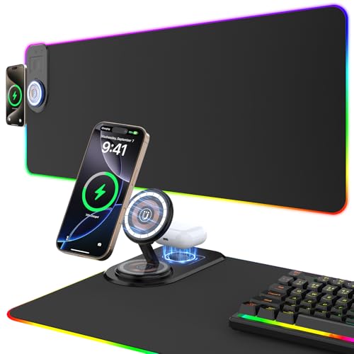 Image of Gaming Mouse Pad Wireless Charging - Desk Mat Magnetic Foldable Phone Stand 15W Fast Charge, RGB Extended Large Keyboard Mousepad - PC Laptop Desk Pad for Work Game (Adapter Not Included)