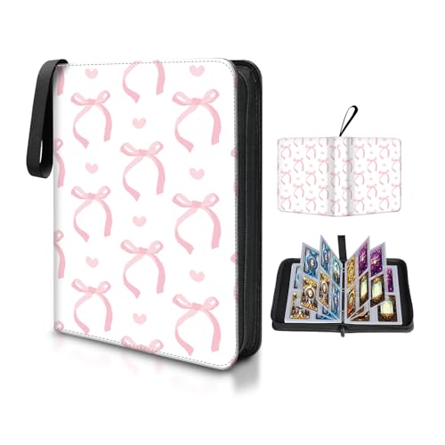 Card Binder 4 Pocket,Collectible Trading Card Albums Fits 400 Cards with 50 Removable Sleeves,Portable Trading Collection Album Holder,Game Card Case book With Zipper for Gifts,Pink Bow tie