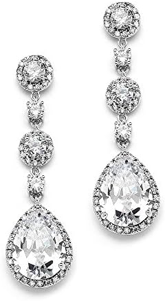 Mariell's Pear-Shaped CZ Teardrop Dangle Platinum Plated Clip-On Wedding Earrings for Brides