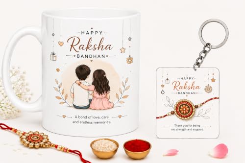 Image of Rakhi Mug and Keychain Combo | Ceramic Brother Sister Mug with Rakhi, Roli & Chawal