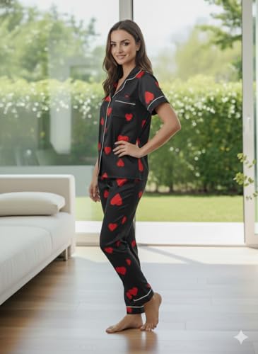 Image of Women's Lycra Heart Printed Night Suit Set of Shirt & Pajama Set Women Night Wear Set,Night Dress for Woman