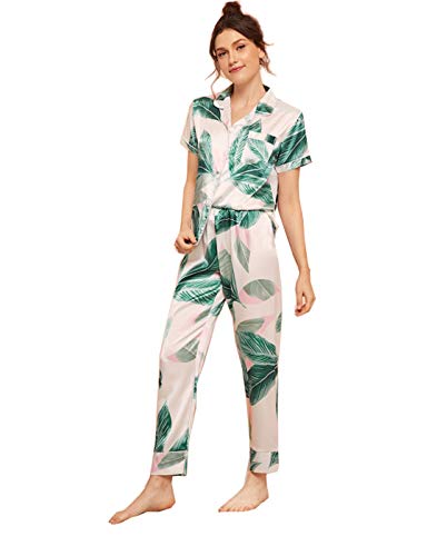 Milumia Women's Loungewear Button Down Pajamas Set Short Sleeve Nightwear Pants Sleepwear Green X-Large