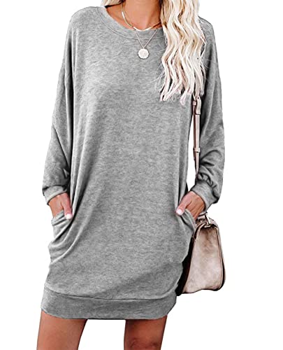 LuckyMore Sweatshirt Dress Women Casual Fall Long Sleeve Loose Tunic Winter Dress Light Grey XXL